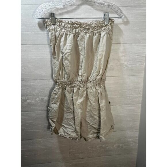 Beige Strapless Romper With Smocked Waist & Pockets Size S Lightweight Cotton Bl - Picture 7 of 7